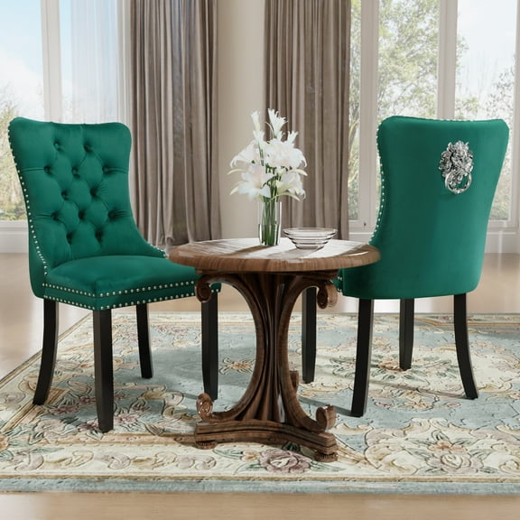 DONICK Velvet Upholstered Dining Chairs , Kitchen & Dining Room Chairs, Nailheads Tufted, Soft, Solid Wood Frame (Green, Set of 2)