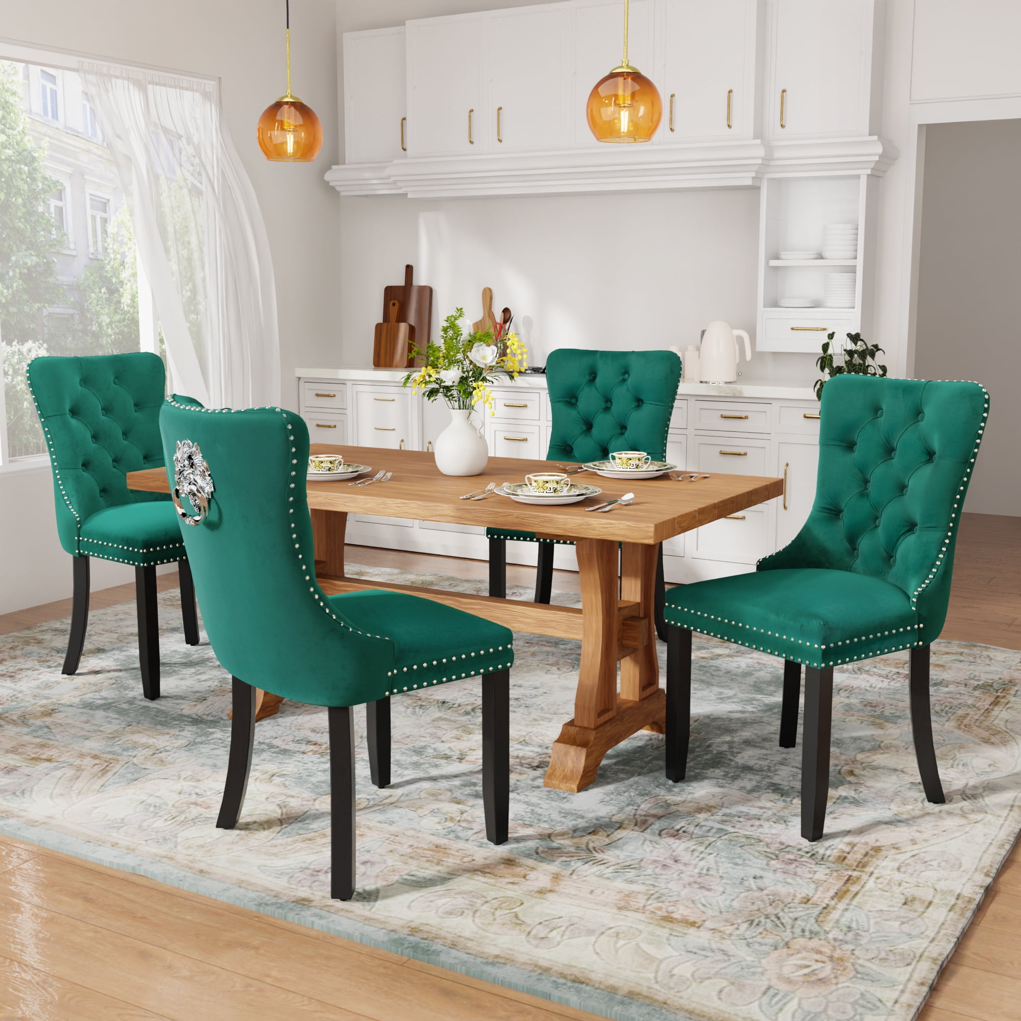 DONICK Velvet Upholstered Dining Chairs , Kitchen & Dining Room Chairs, Nailheads Tufted, Soft, Solid Wood Frame (Green, Set of 4)