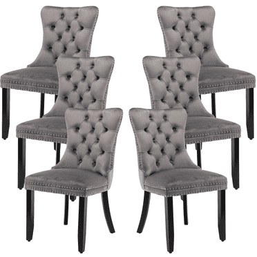 DONICK Velvet Upholstered Dining Chairs , Kitchen & Dining Room Chairs, Nailheads Tufted, Soft, Solid Wood Frame (Grey, Set of 6)