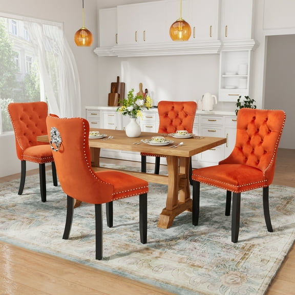 DONICK Velvet Upholstered Dining Chairs , Kitchen & Dining Room Chairs, Nailheads Tufted, Soft, Solid Wood Frame (Orange, Set of 4)