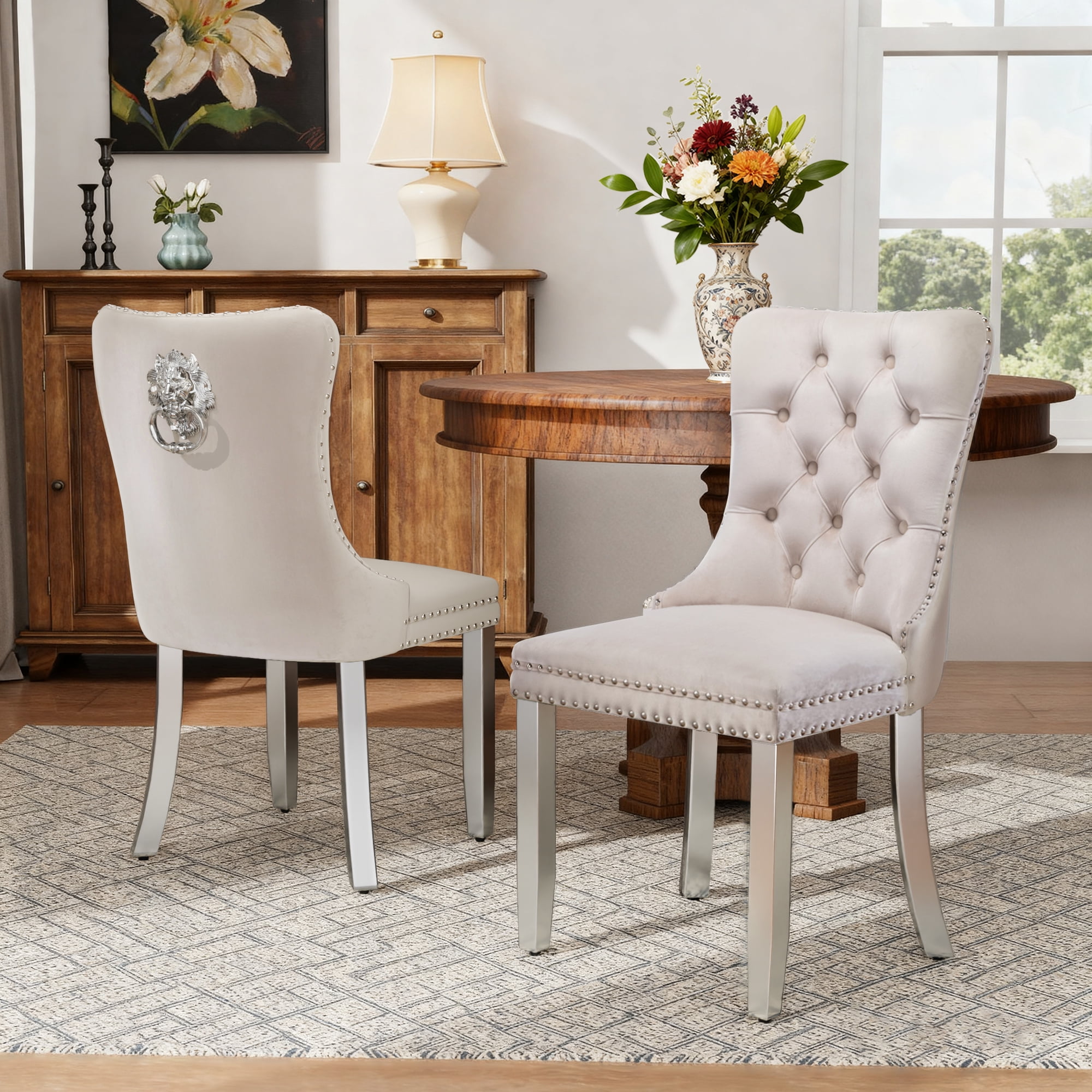 DONICK Velvet Upholstered Dining Chairs,Wing Back Side Chair Tuft Nailhead Ring Pull Metal Legs(Beige,Silver Legs,Set of 2)