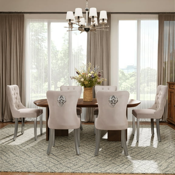 DONICK Velvet Upholstered Dining Chairs,Wing Back Side Chair Tuft Nailhead Ring Pull Metal Legs(Beige,Silver Legs,Set of 6)