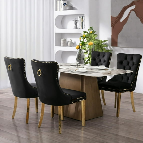 DONICK Velvet Upholstered Dining Chairs,Wing Back Side Chair Tuft Nailhead Ring Pull Metal Legs(Black,Gold Legs,Set of 4)