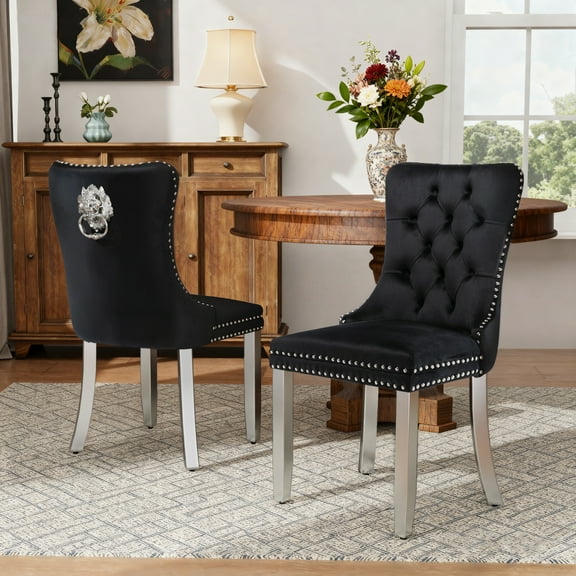 DONICK Velvet Upholstered Dining Chairs,Wing Back Side Chair Tuft Nailhead Ring Pull Metal Legs(Black,Silver Legs,Set of 2)