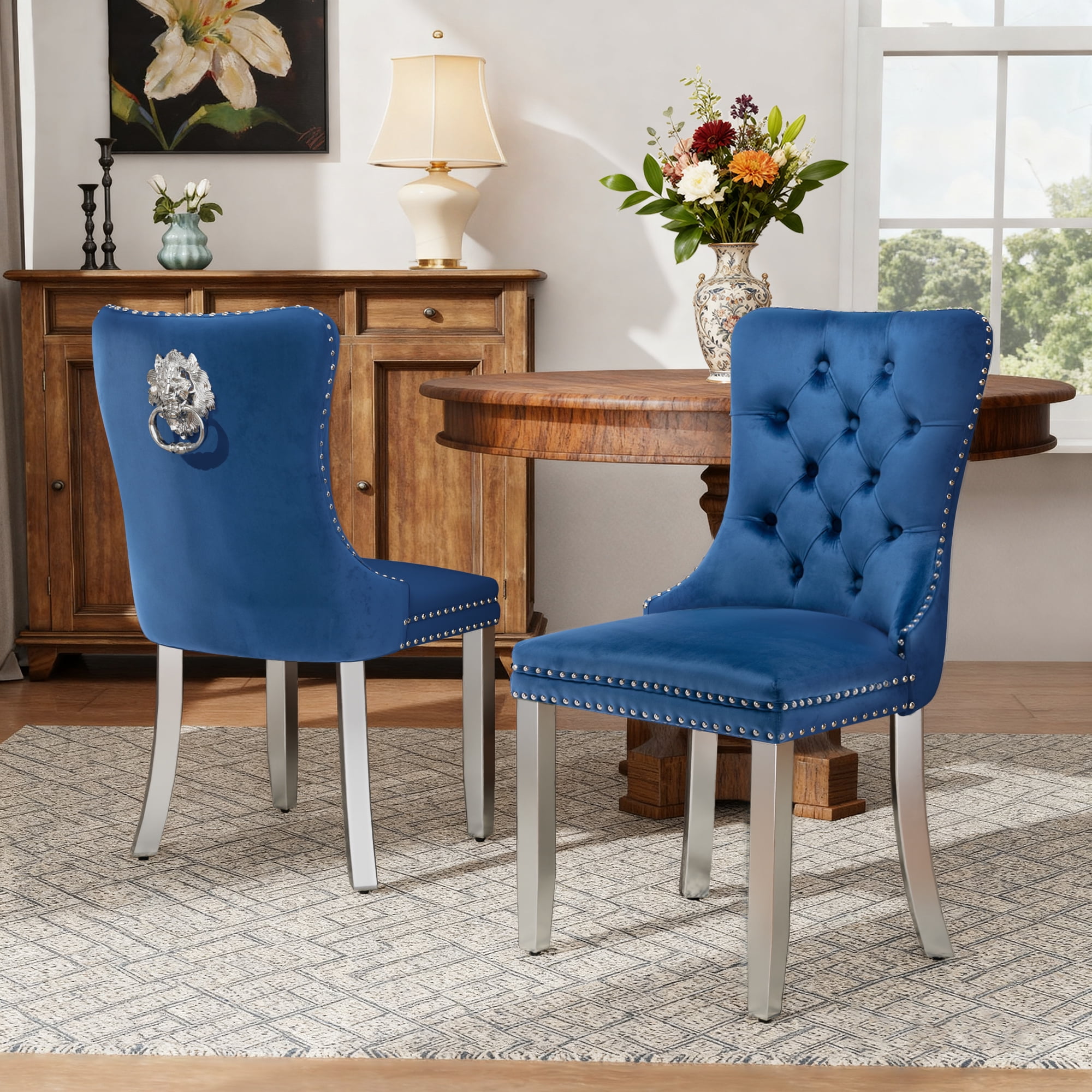 DONICK Velvet Upholstered Dining Chairs,Wing Back Side Chair Tuft Nailhead Ring Pull Metal Legs(Blue,Silver Legs,Set of 2)