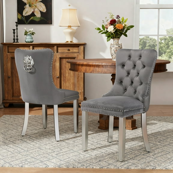DONICK Velvet Upholstered Dining Chairs,Wing Back Side Chair Tuft Nailhead Ring Pull Metal Legs(Gray,Silver Legs,Set of 2)