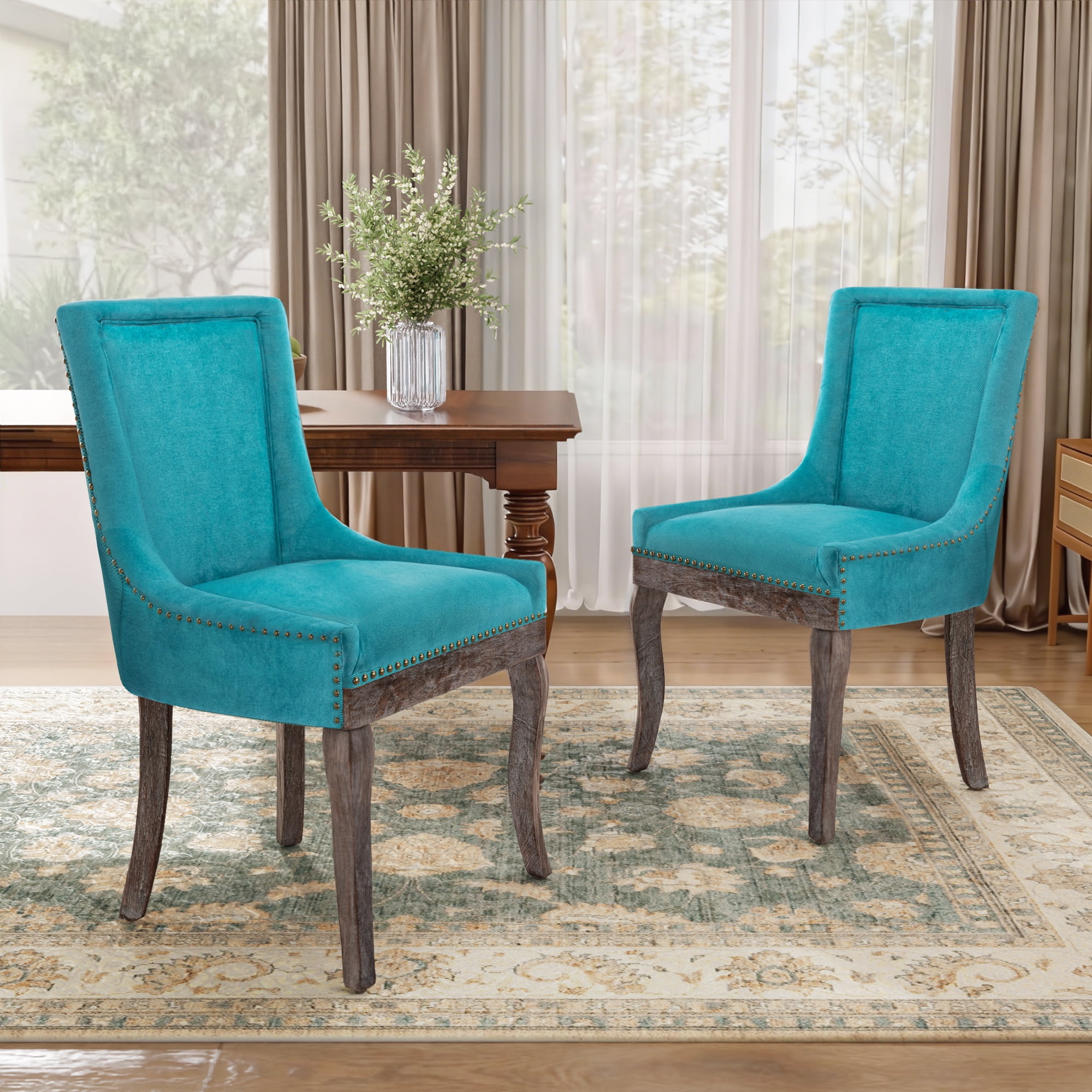 DONICK Vintage Fabric Upholstered Dining Chairs,Solid Wood Kitchen Dining Room Chairs with Nailheads Solid Wood Legs (Blue,Set of 2)
