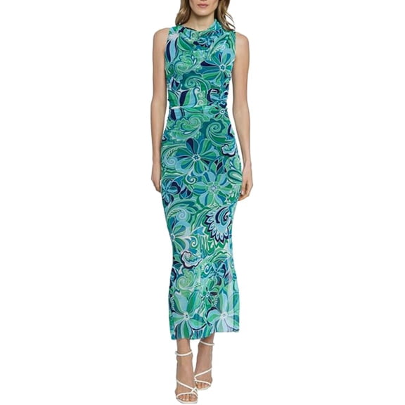 DONNA MORGAN Women's Mesh Overlay Asymmetric Mock Neck Side Slit Maxi Dress (Green, 12)