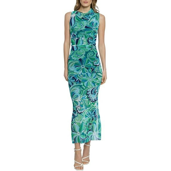 DONNA MORGAN Women's Mesh Overlay Asymmetric Mock Neck Side Slit Maxi Dress (Green, 8)