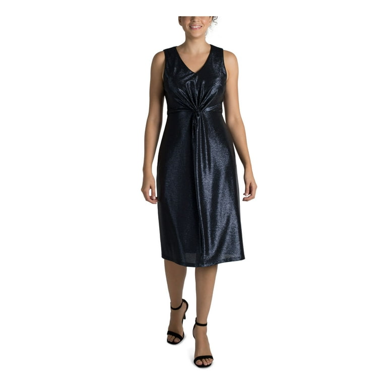 DONNA RICCO NEW YORK Womens Navy Stretch Metallic Sleeveless V Neck Below The Knee Party Sheath Dress 4 Walmart