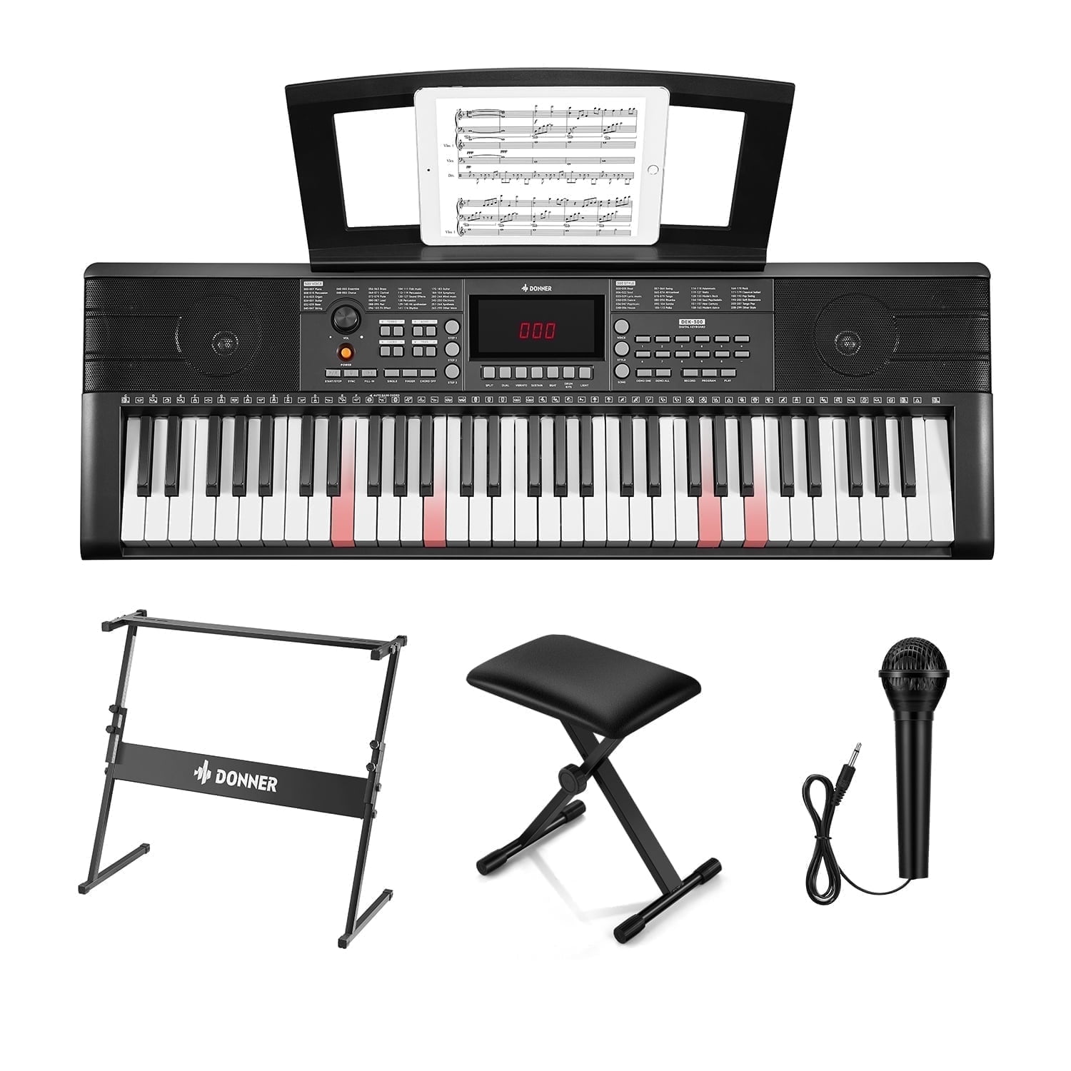 Donner DEK-300 61-Key LED Electronic Keyboard Piano with Interactive Light-Up Keys All-in-One Bundle with Stand & Bench, 500 Timbres, 300 Rhythms, Teaching Mode for Beginners