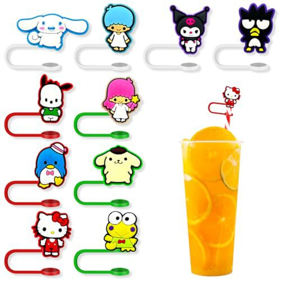 DONNGZAE 10Pcs Straw Covers Cap for Stanley Cup, Cute Sanrio Silicone Straw Toppers Accessories 10mm 0.4 Inch Compatible with Stanley Cup 30&40 Oz Tumbler, for Home and Party Decor SLO526-0180