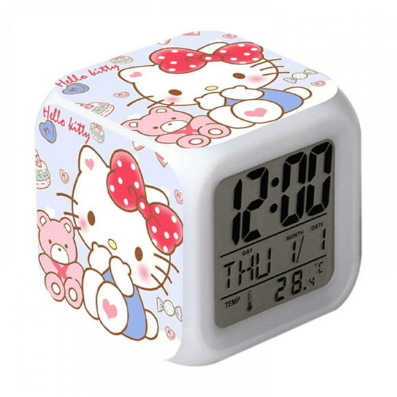 DONNGZAE Digital Alarm Clock for Kids, Cartoon Hello Kitty Pattern 7 LED Color Changing Wake Up Clock with Thermometer Function and Night Light, Gift for Boys Girls A93-472 SLO526-0713