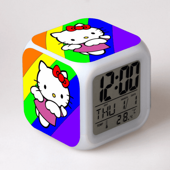 DONNGZAE Digital Alarm Clock for Kids, Hello Kitty Pattern 7 LED Color Changing Wake Up Clock with Thermometer Function and Night Light, Gift for Boys Girls A93-039 SLO526-0650