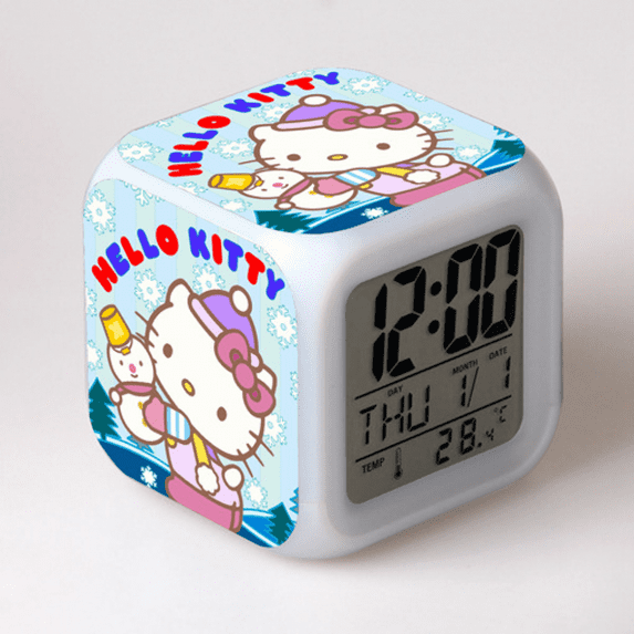 DONNGZAE Digital Alarm Clock for Kids, Hello Kitty Pattern 7 LED Color Changing Wake Up Clock with Thermometer Function and Night Light, Gift for Boys Girls A93-065 SLO526-0676