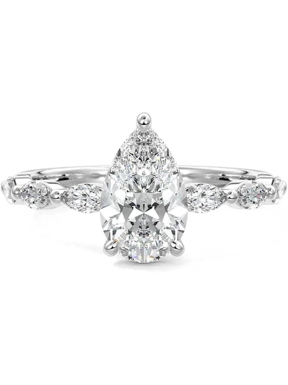 Pear Shaped 925 Sterling Silver Solitaire Engagement Ring with Marquise Cut Side Stones, 3- Prong Setting Sparkling Wedding, Anniversary Promise Ring