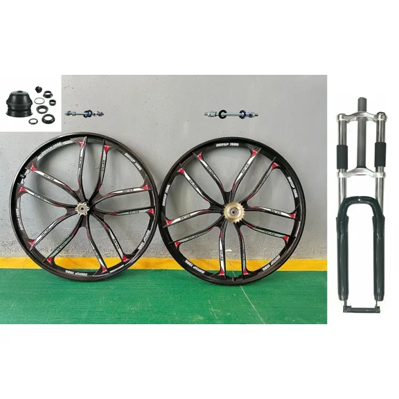 DONSP1986 26" 10 Spoke Mag Wheel Set & Bike Fork & Headset & Flywheel-Beach Cruiser MTB Bike