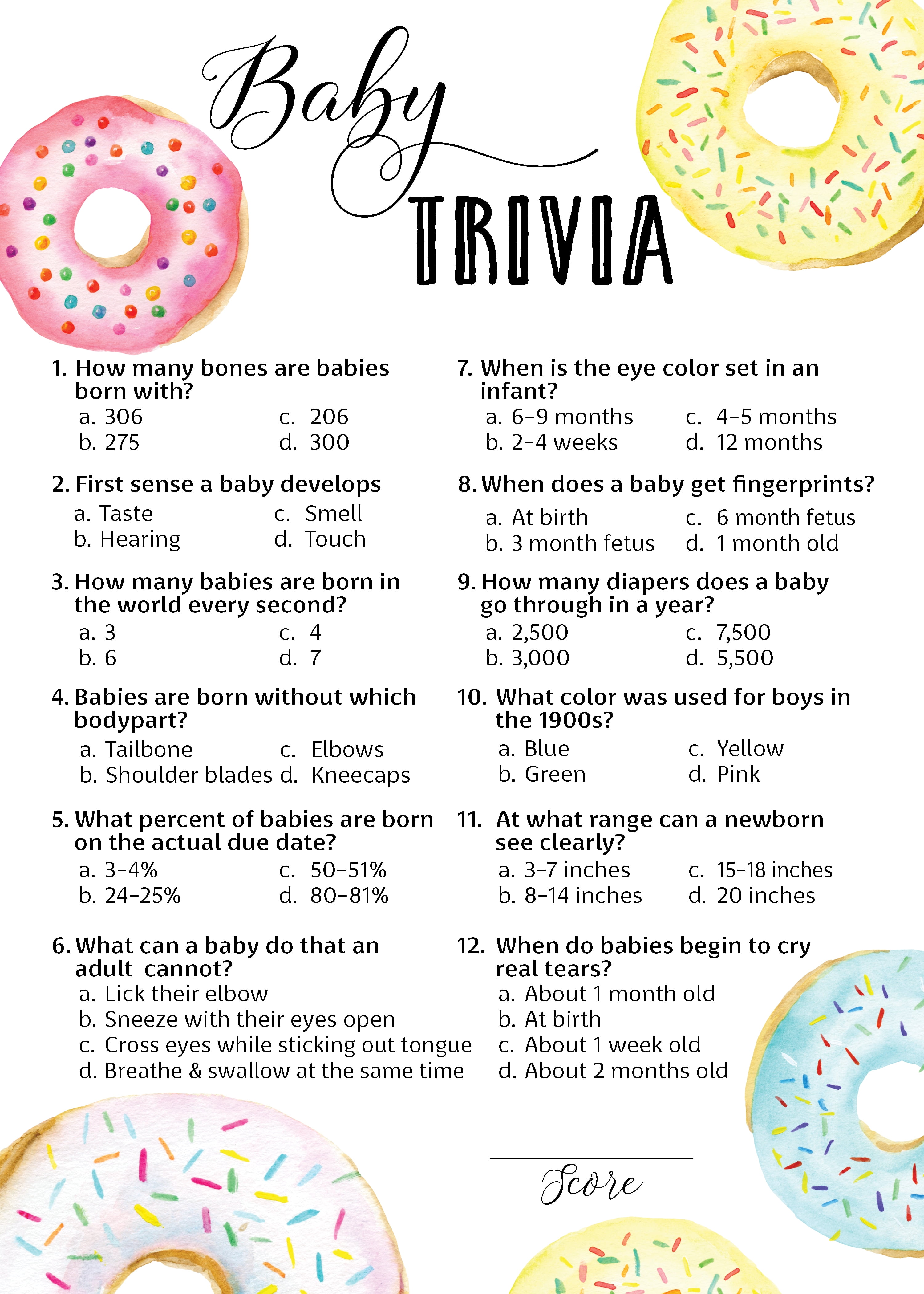 DONUT Baby Shower Game  BABY TRIVIA Games  Pack of 25  Fun Baby Facts Games, Doughnut Theme Baby Shower, Trivia Girl or Boy Baby Shower Activity, Gender Neutral Pink Blue Shower Games G850-TRV