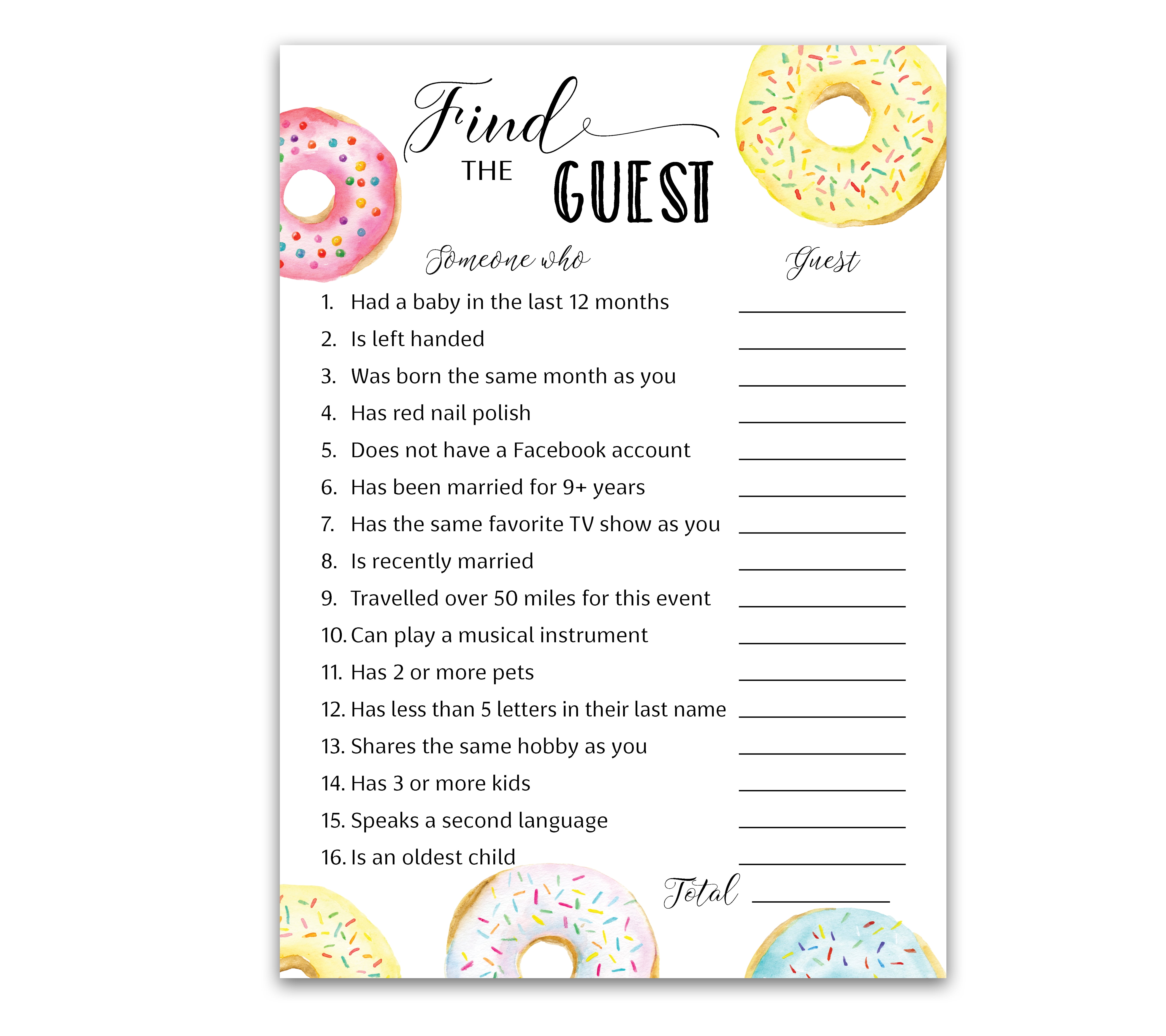 DONUT Baby Shower Game FIND THE GUEST Baby Shower Game Pack of 25 Doughnut Theme Baby Shower, Icebreaker Party Game, Donut Guess Who Came to the party Game, Pink Blue G850-FTG