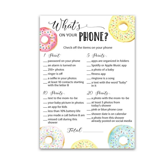 DONUT Baby Shower Games WHAT'S ON YOUR PHONE Baby Shower Game Pack of 25, Doughnut Theme Baby Shower, Couples Co-ed Shower Activity G850-PHN