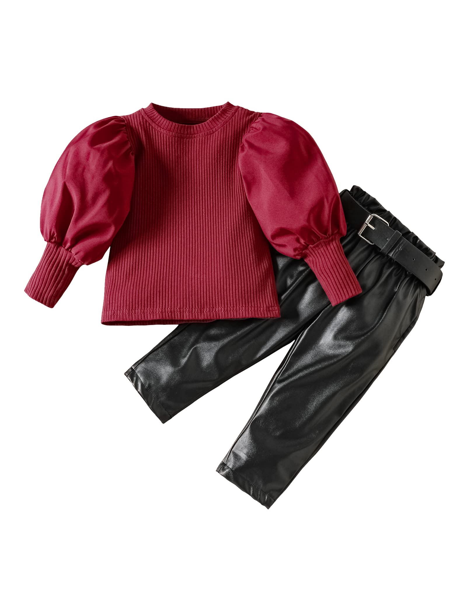 DONWEN Toddler Girl Clothes 4t 5t Winter Outfit Set Puffed Sleeve Shirt Faux Leather Wide Leg