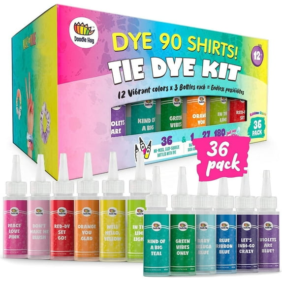 DOODLE HOG Tie Dye Kit for Kids & Adults - 36 Large Tye Dye Bottles with 12 Colors & Tie Dye Powder, Soda Ash, Gloves - Tie Dye Kits for Large Groups