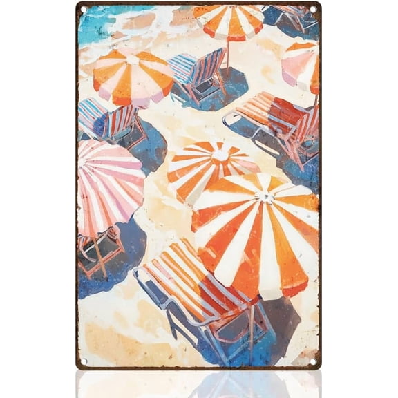 DOODLREAM Beach Chairs Umbrellas Watercolor Wall Decor Metal Tin Sign 8" x 12" Summer Beach Wall Art Poster for Seaside Home Coffee Room Clubs Bedroom Living Room Decor Gift