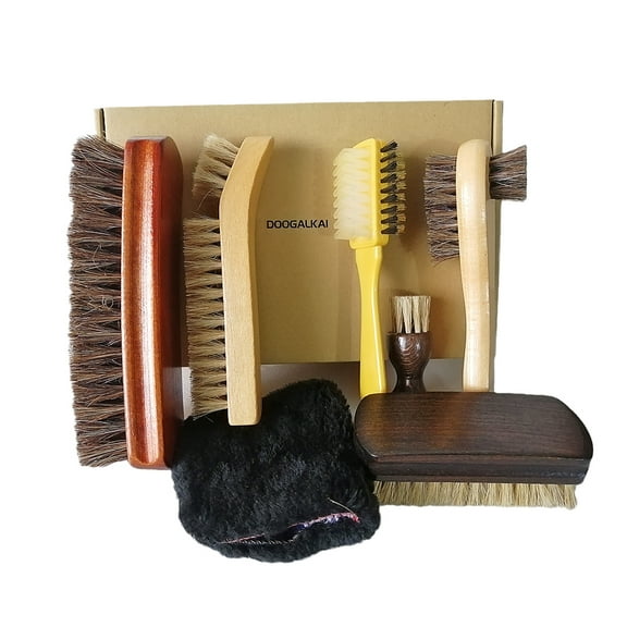 DOOGALKAI 7Pcs Horsehair Shoes Brush Kit, Boot Suede Shoeshine Oil Polish Tool Cleaning Care Kit, Pig Bristle Cashmere For Polishing Shoes Boots Bags Car Seat Sofas