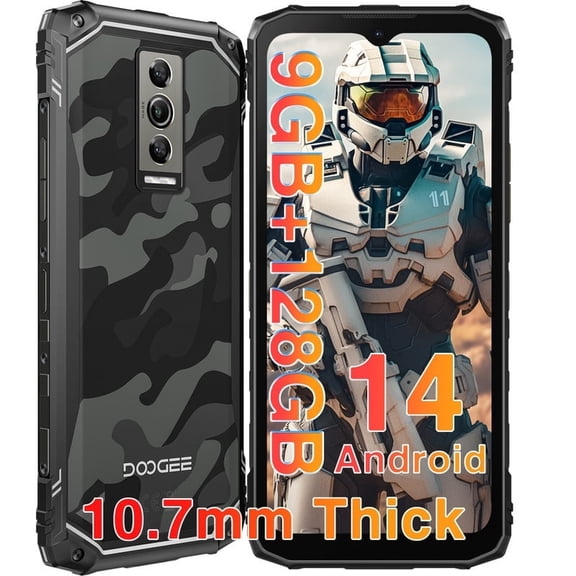 DOOGEE Blade 10 Rugged Smartphone Unlocked,10.7mm Thin Rugged Phone,Android 14,9GB+128GB/2TF, 5150mAh,6.56" HD+ 90Hz IPS Cell Phone,Octa-Core, IP68/IP69K/Dual 4G SIM/Face ID/IPS/OTG/GPS