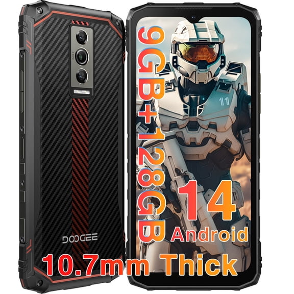 DOOGEE Blade 10 Rugged Smartphone Unlocked,10.7mm Thin Rugged Phone,Android 14,9GB+128GB/2TF, 5150mAh,6.56" HD+ 90Hz IPS Cell Phone,Octa-Core, IP68/IP69K/Dual 4G SIM/Face ID/IPS/OTG/GPS