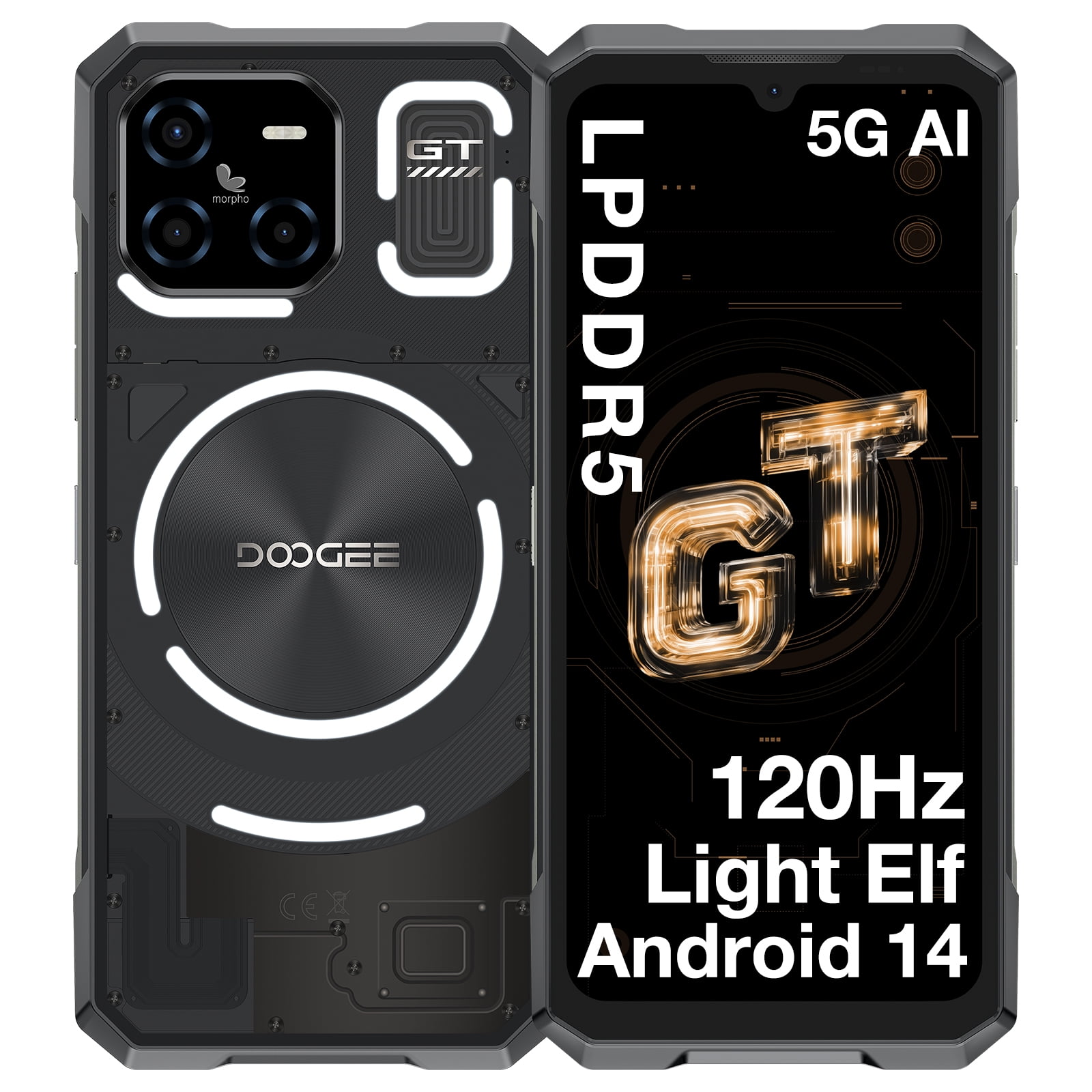 DOOGEE Blade GT AI 5G Rugged Phone Unlocked,LED Light Effect,6nm D7050 CPU,32GB+256GB/2TB,10.5mm Ultra-Thin Android 14 Rugged Smartphone,6.72" FHD+120Hz,48MP,5500mAh+18W,NFC/Face ID/Fingerprint/WiFi6