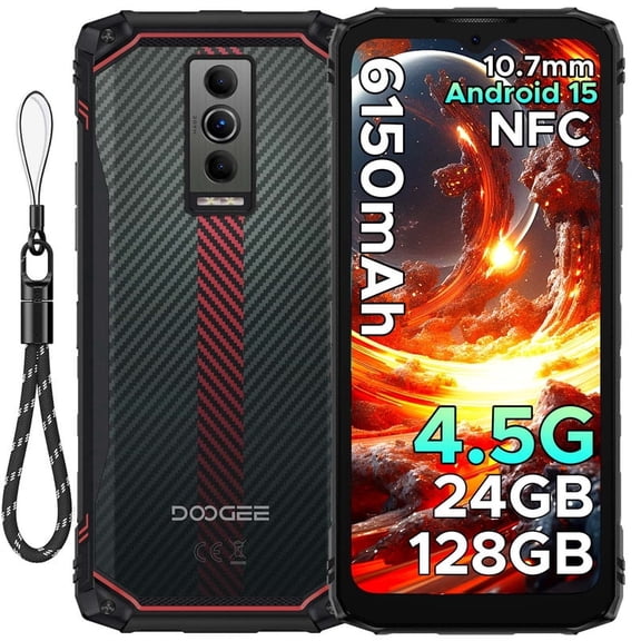DOOGEE Blade10 Energy Rugged Smartphone 4.5G,10.7mm Ultra-Thin,24GB+128GB/TF 2TB Octa Core Rugged Phone,Android 15,6.56"HD+ 90Hz,16MP Camera,IP68/IP69K Waterproof Phone,6150mAh/NFC/Face ID