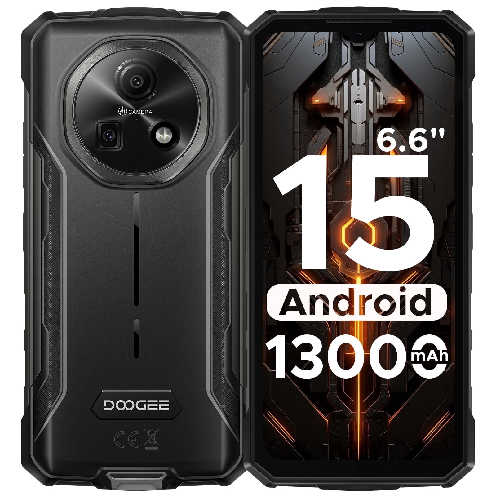 DOOGEE Fire 5 Rugged Phone Unlocked,13000mAh/Reverse Charging Android 15 Dual Sim,6.6" HD+90Hz Rugged Smartphone 12GB+64GB,2TB Expand,Nfc,Face ID,Otg