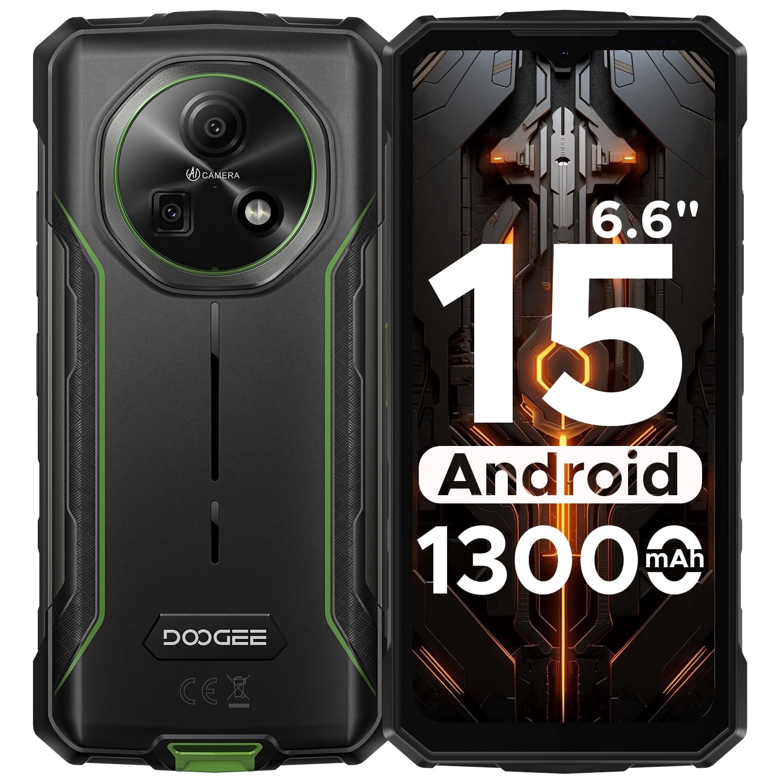 DOOGEE Fire 5 Rugged Phone Unlocked,13000mAh/Reverse Charging Android 15 Dual Sim,6.6" HD+90Hz Waterproof Phone 12GB+64GB,2TB Expand,Nfc,Face ID,Otg