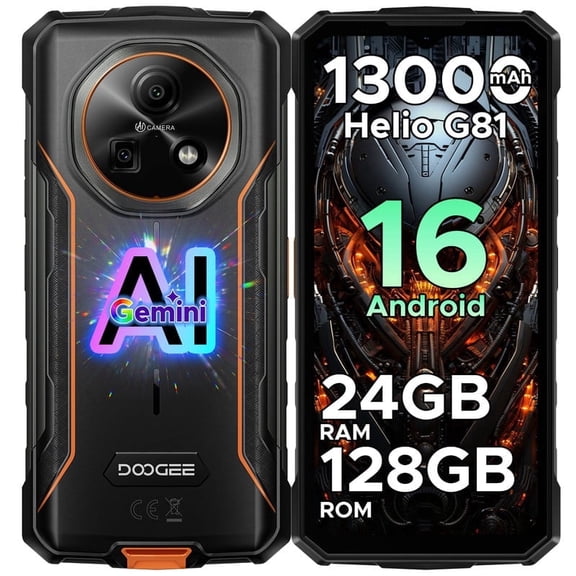 DOOGEE Fire 5 Pro Rugged Android 16 Phone, 13000mAh Battery, 24GB+128GB/2TB, 6.6" IPS+90Hz, 13MP+8MP, IP68/IP69K/Mediatek Helio G81/NFC, Orange