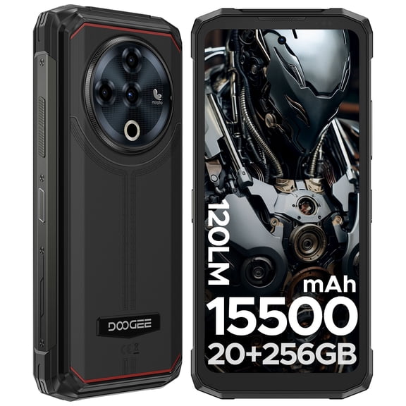 DOOGEE Fire 6 Power Rugged Smartphone, Dual Light Flashlight, 15500mAh/33W Rugged Phone, 20GB+256GB, 50MP, Android 14, Unlocked Cell Phone with 3-in-1 Data Cable, Dual Unlock/NFC/GPS/OTG/IP69K(Black)
