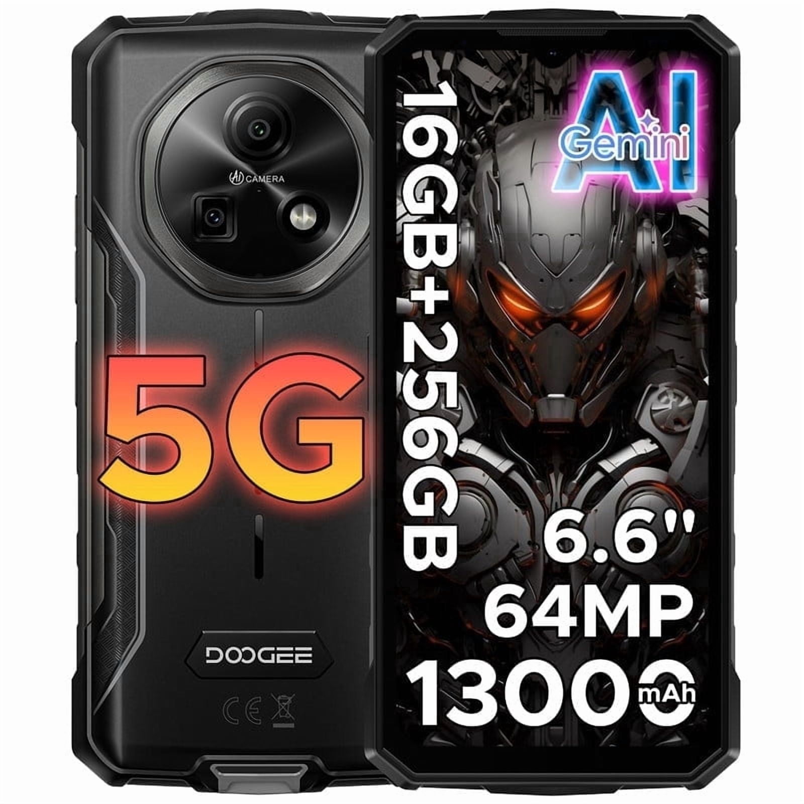 DOOGEE Fire 7 AI 5G Rugged Phone,13000mAh/18W,16GB+256GB/TF 2TB Rugged Smartphon Unlocked,6.6"HD+ 90Hz,64MP+16MP,IP68/IP69K Waterproof,Nfc/Otg/Face ID