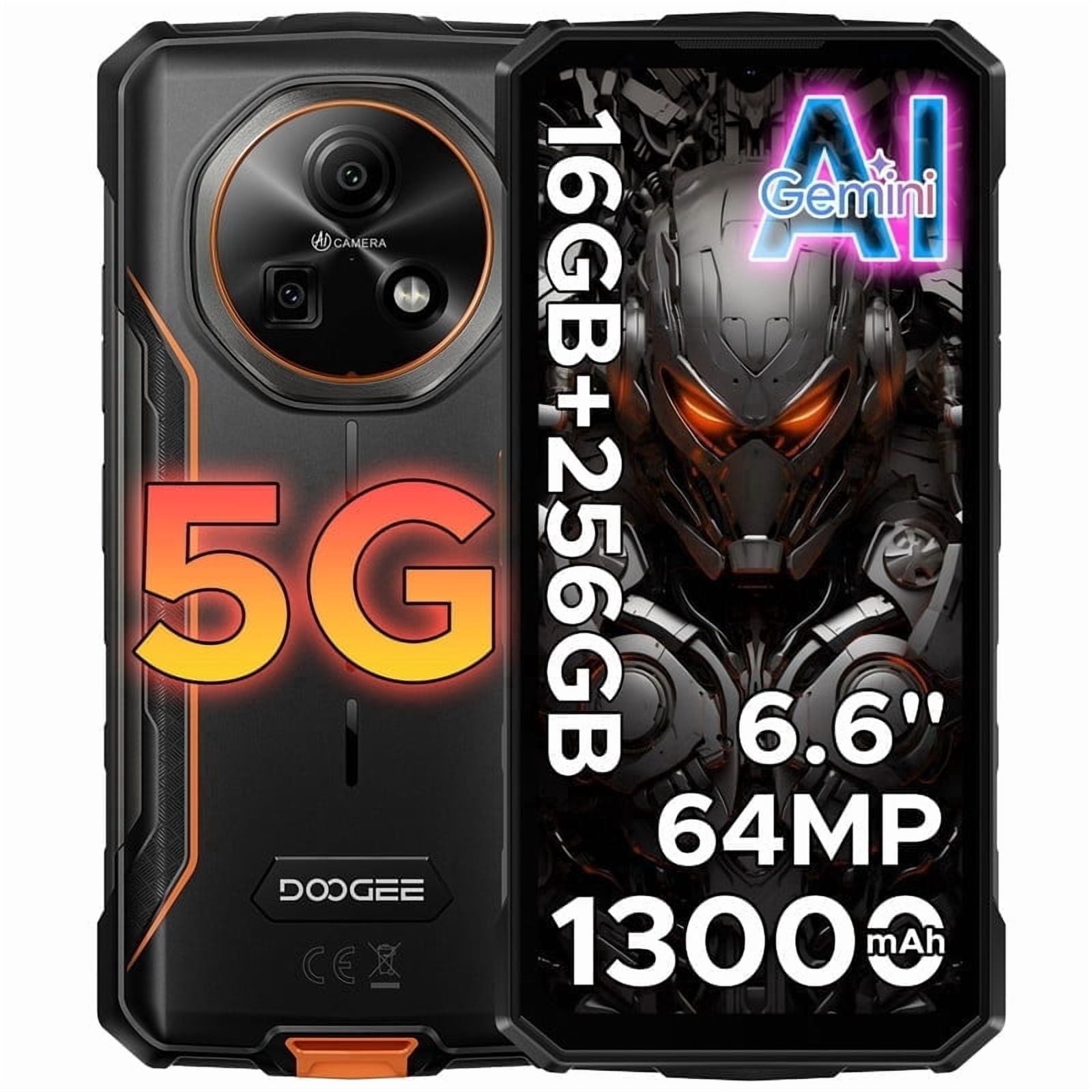 DOOGEE Fire 7 AI 5G Rugged Phone,13000mAh/18W,16GB+256GB/TF 2TB Rugged Smartphone Unloced,6.6"HD+ 90Hz Dimensity 6300,64MP+16MP,IP68/IP69,Nfc/Face ID