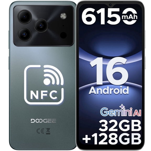 DOOGEE Note 56 Pro Android 16 Phone with Gemimi AI,32GB+128GB/2TB Unlocked Android Phones,6150mAh Battery,6.56''HD+90Hz IPS,Dual SIM Octa Core Cell Phone,Dual Camera/8.45mm Ultra-Slim/NFC/OTG/Face ID