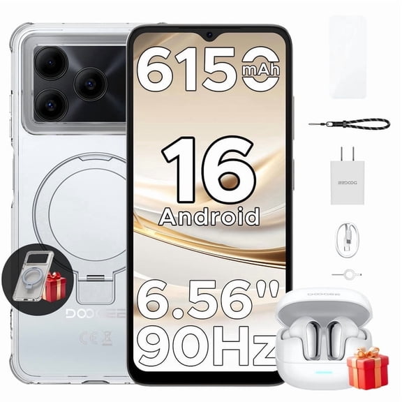 Doogee Note 56 Android 16 Cell Phone Unlock with Tws Earbuds,6150mAh,8.45mm Ultra-Thin,24GB+64GB/2TB,6.56"HD+90Hz Display,8Mp+5Mp,Dual Sim,Face Unlock