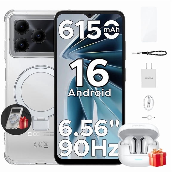 DOOGEE Note 56 Unlocked Phone,Android 16 Phone with TWS Earbuds,6150mAh Battery,8.45mm Ultra-Thin,24GB+64GB/2TB,6.56HD+90Hz Display,Octa Core Smartphone,8MP+5MP Camera,4G Dual SIM,Face Unlock