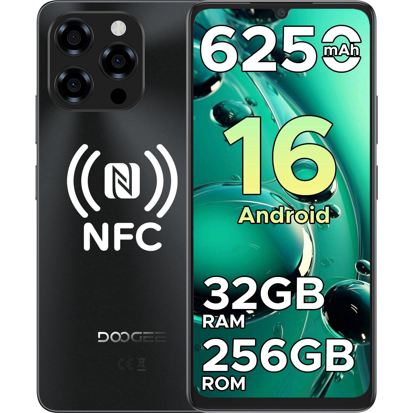 DOOGEE Android 16 Unlocked Cell Phone,32GB+256GB/2TB,6.75" HD+ 90Hz Android Phone,6250mAh Battery,16MP+8MP,4G Dual SIM Smartphone,Octa Core/Widevine L1/ GPS/NFC/Fingerprint/Face Unlock