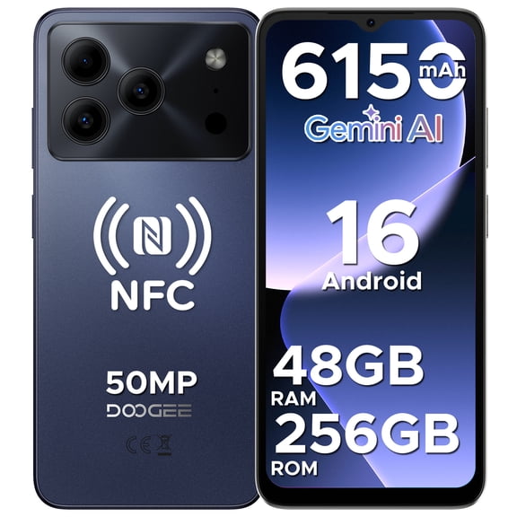 DOOGEE Android 16 Cell Phone Unlocked, 4G Dual SIM, 48GB + 256GB/2TB TF Expand, 50MP+8MP AI Camera, 6.56" HD+ 90Hz Display, 6150mAh Battery, NFC/Side Fingerprint