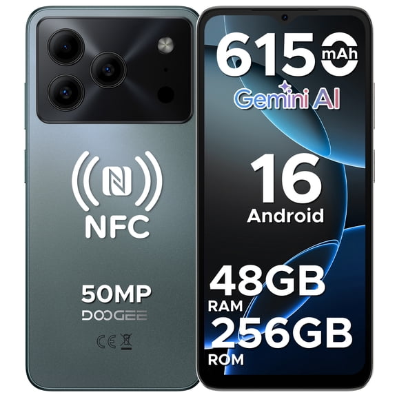 DOOGEE Note56 Plus Unlocked Android 16 Cell Phone, 48GB + 256GB/2TB TF Expand, 6.56" HD+ 90Hz Display, 6150mAh Battery, 50MP+8MP AI Camera, NFC/OTG/Side Fingerprint, 4G Dual SIM Unlocked Smartphone