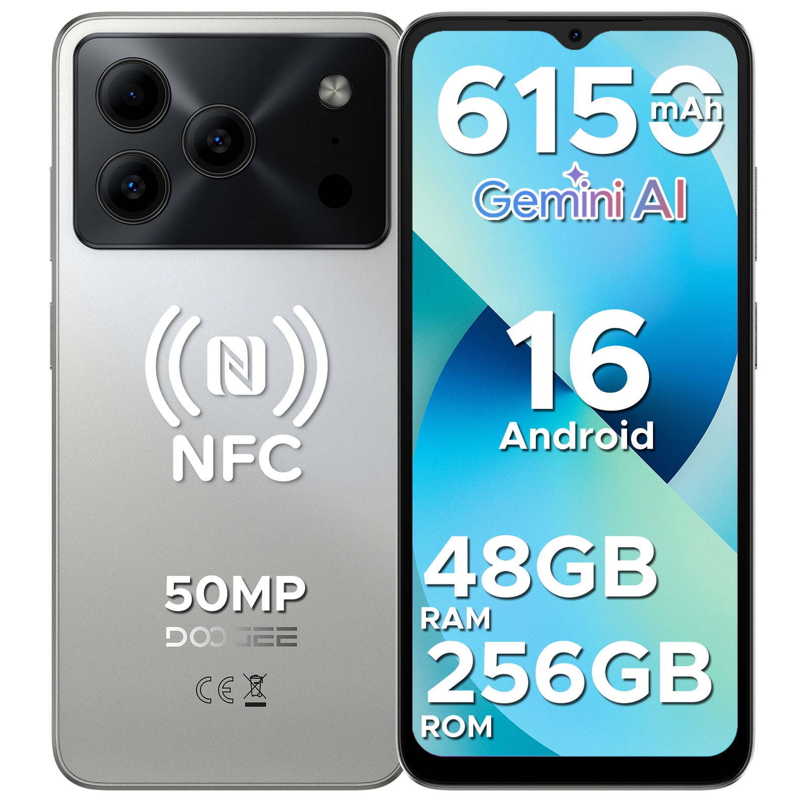 DOOGEE Note56 Plus Unlocked Android 16 Cell Phone, 48GB + 256GB/2TB TF Expand, 6.56" HD+ 90Hz Display, 6150mAh Battery, 50MP+8MP AI Camera, NFC/OTG/Side Fingerprint, 4G Dual SIM Unlocked Smartphone