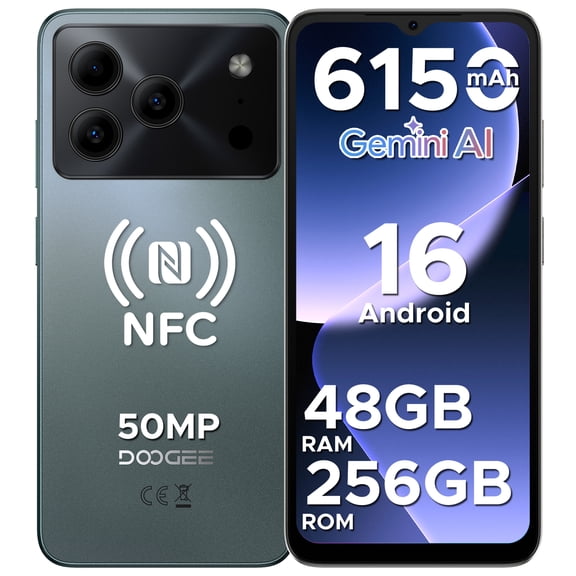 DOOGEE Android 16 Cell Phone Unlocked, 4G Dual SIM, 48GB + 256GB/2TB TF Expand, 50MP+8MP AI Camera, 6.56" HD+ 90Hz Display, 6150mAh Battery, NFC/Side Fingerprint