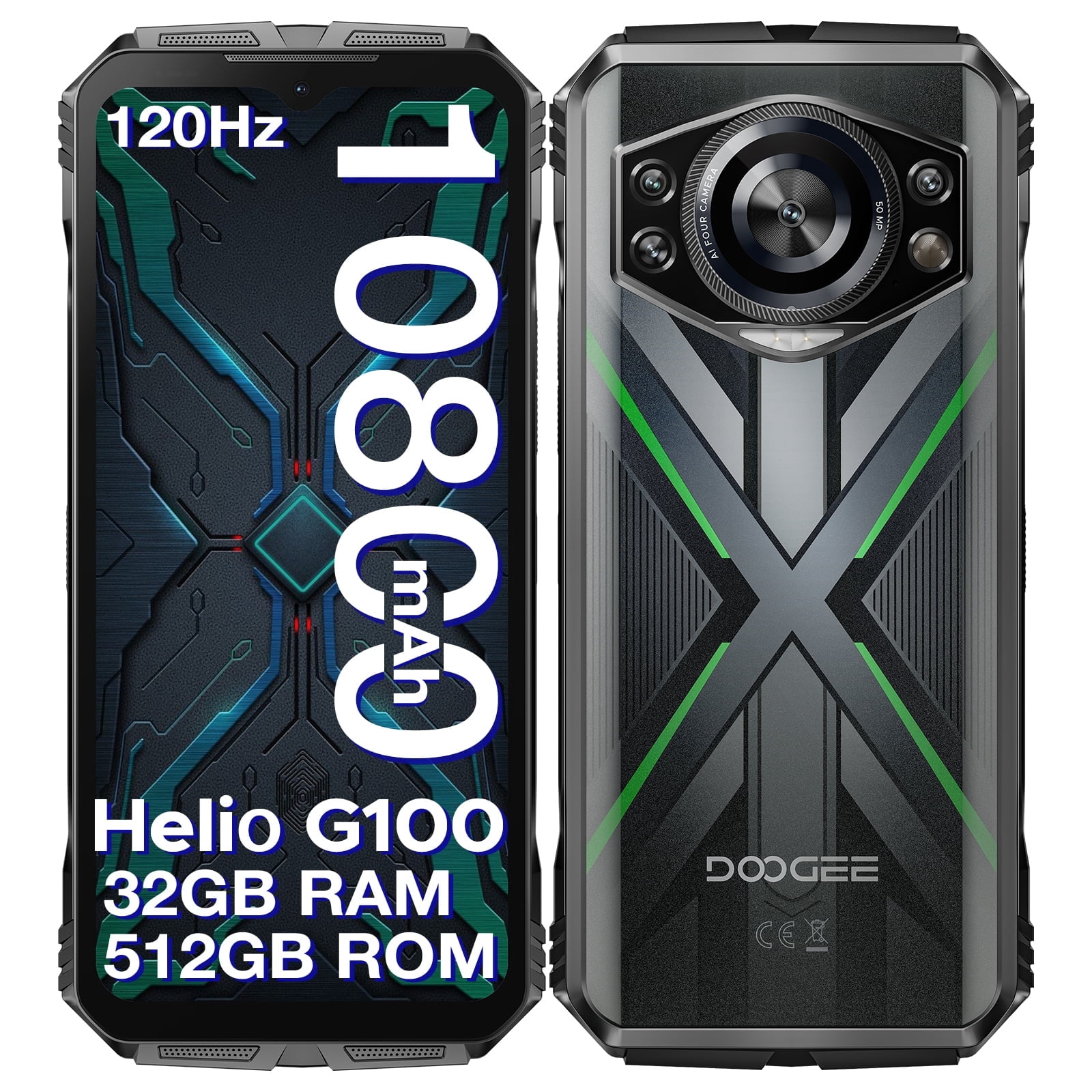 DOOGEE S Cyber Pro Rugged Phone, 10800mAh Android 14 Rugged Smartphone, 32GB+512GB, Helio G100 Octa Core Gaming Phones, 6.6" FHD+ 120Hz IPS Waterdrop Screen, 4G Dual SIM Mobile Phone, Green