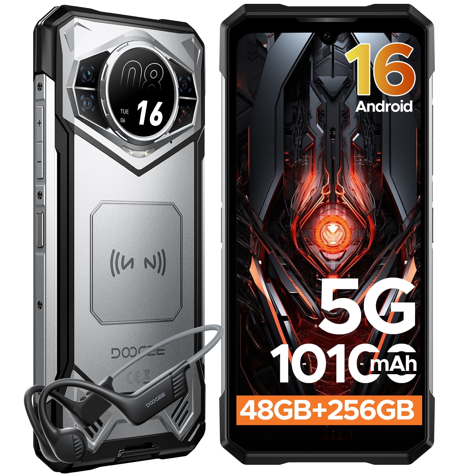 DOOGEE S200 Rugged Phone Unlocked with BoneBeat Run Earphones, 5G, Android 16, 48GB+256GB/2TB, 10100mAh, 6.72"FHD + 120 Hz Display with 1.32" Rear Screen, IP68/IP69K/NFC/Fingerprint/GPS