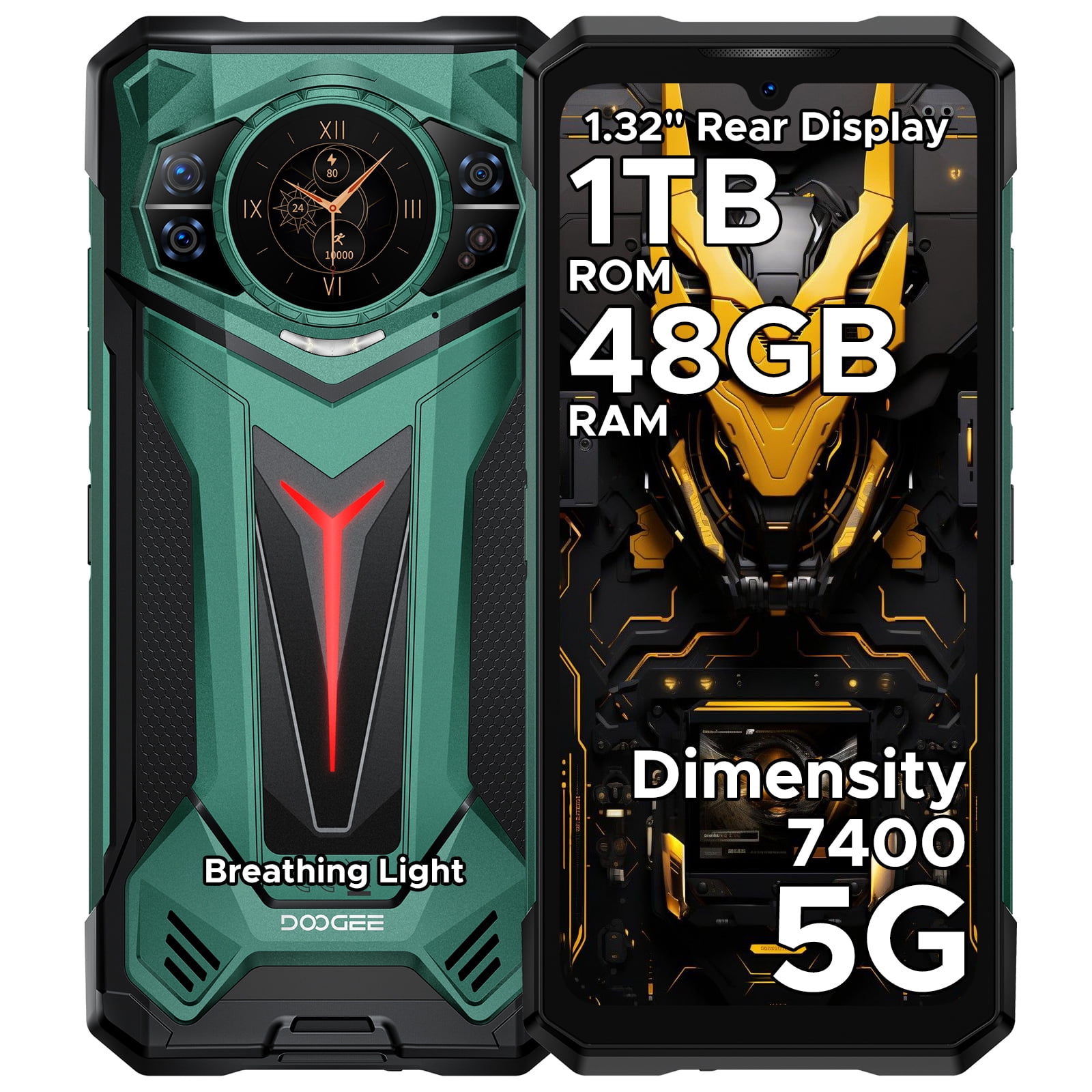 DOOGEE S200 Ultra Rugged Smartphone 5G, 48(12+36)GB+1 TB, 1.32"AMOLED Rear Display, 6.72" FHD&120Hz, 4nm D7400 Android 15, 11000mAh/66W, 100MP+20MP Night vision, Light Effect,Face ID/BT5.4/WiFi6E/NFC
