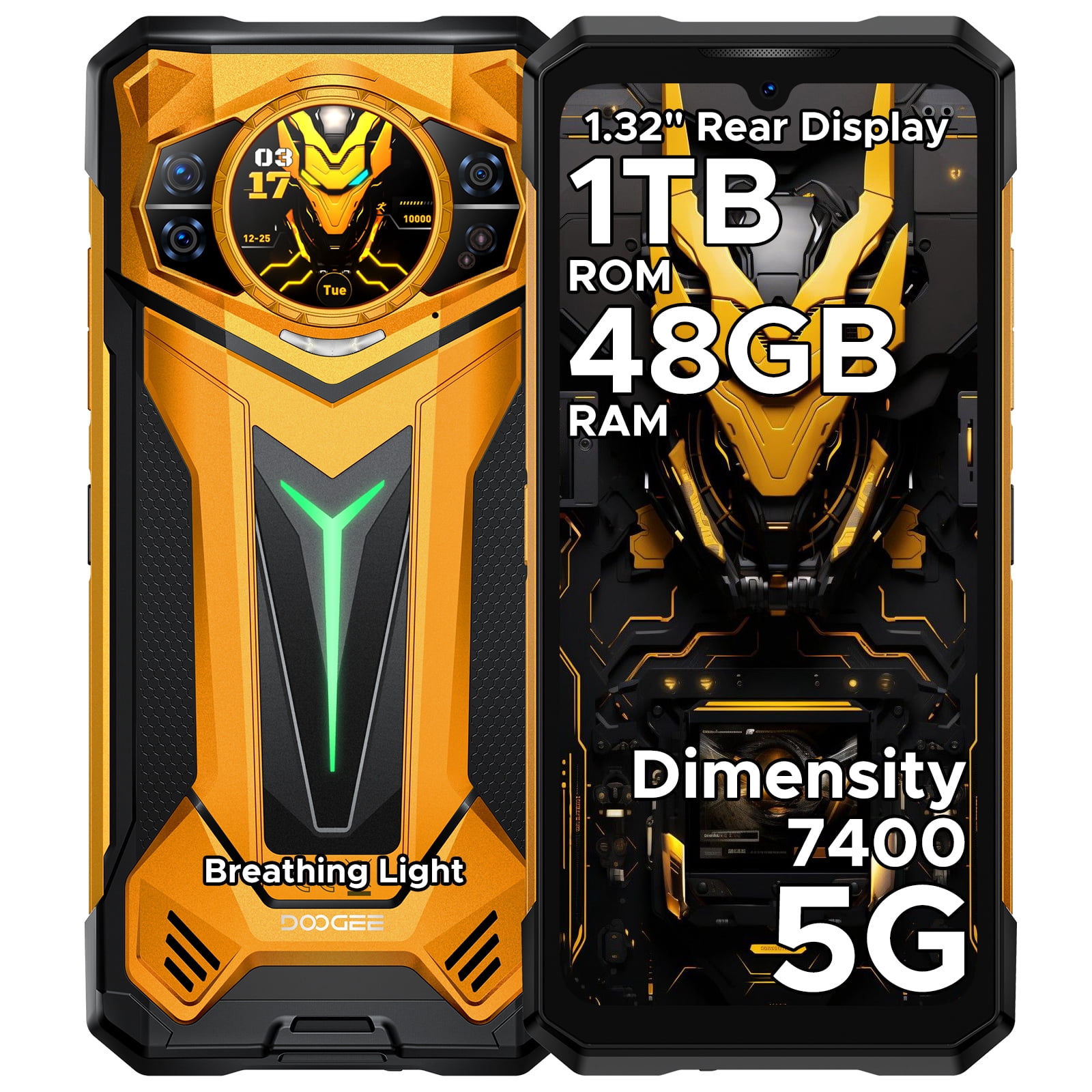 DOOGEE S200 Ultra Rugged Smartphone 5G, 48(12+36)GB+1 TB, 1.32"AMOLED Rear Display, 6.72" FHD&120Hz, 4nm D7400 Android 15, 11000mAh/66W, 100MP+20MP Night vision, Light Effect,Face ID/BT5.4/WiFi6E/NFC